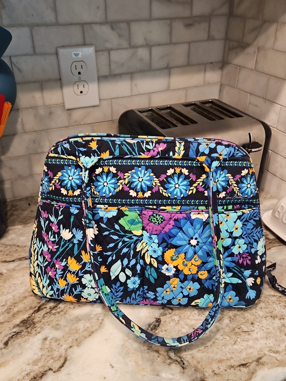 Vera Bradley Black Quilted Shoulder Bag with Blue, Yellow & Purple Floral Print